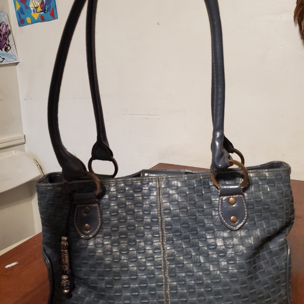 Blue Grey Faux Leather Handbag / Purse